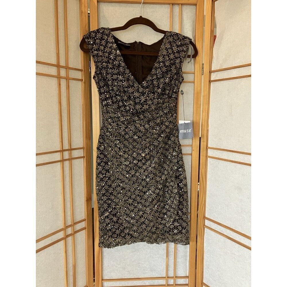 NWT Women’s Muse Brown Sequin V Neck Cocktail Dress Lined Size 0 MSRP $185
